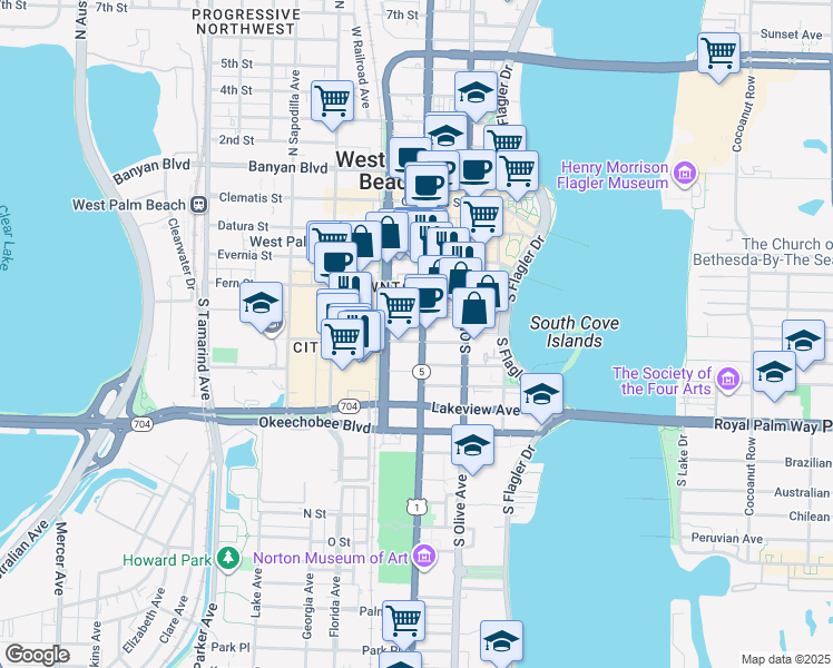 map of restaurants, bars, coffee shops, grocery stores, and more near 510 South Dixie Highway in West Palm Beach