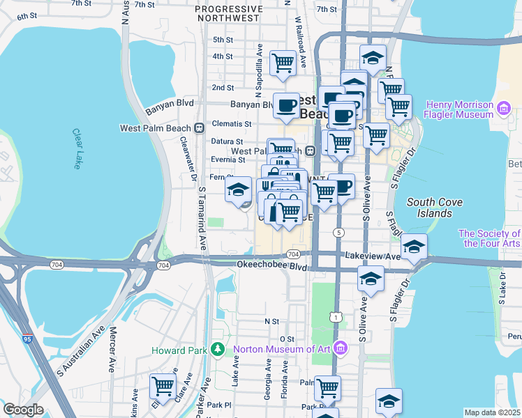 map of restaurants, bars, coffee shops, grocery stores, and more near 659 Hibiscus Street in West Palm Beach