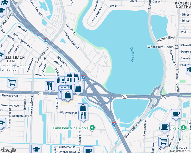 map of restaurants, bars, coffee shops, grocery stores, and more near 641 Executive Center Drive in West Palm Beach
