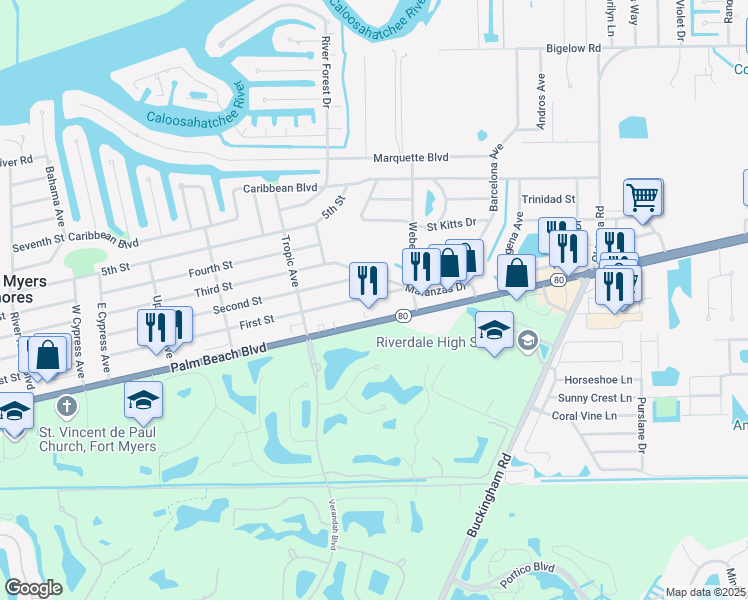 map of restaurants, bars, coffee shops, grocery stores, and more near 13914 First Street in Fort Myers