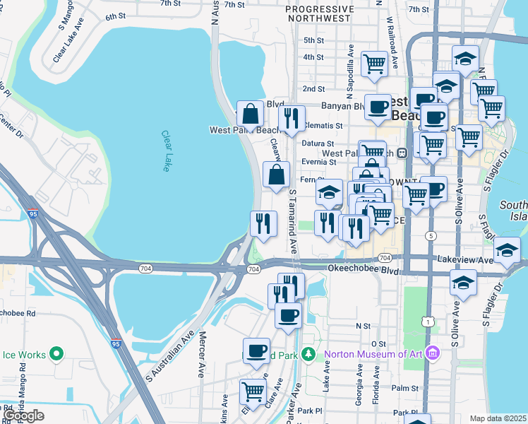 map of restaurants, bars, coffee shops, grocery stores, and more near 601 Clearwater Park Road in West Palm Beach