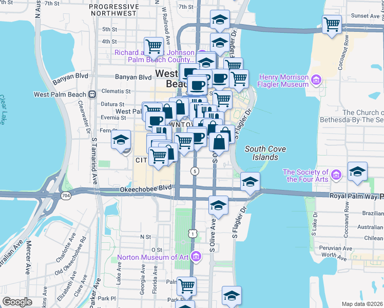 map of restaurants, bars, coffee shops, grocery stores, and more near 510 South Dixie Highway in West Palm Beach