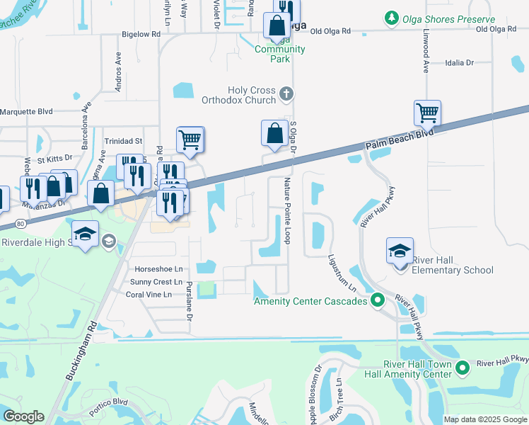 map of restaurants, bars, coffee shops, grocery stores, and more near 2481 Hawks Preserve Drive in Fort Myers