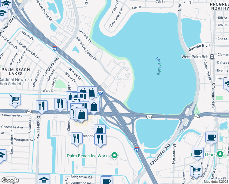 map of restaurants, bars, coffee shops, grocery stores, and more near 641 Executive Center Drive in West Palm Beach