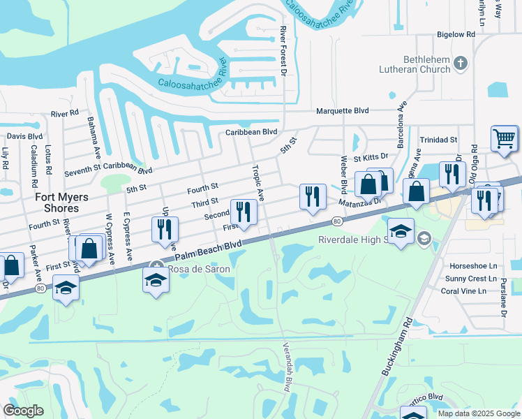 map of restaurants, bars, coffee shops, grocery stores, and more near 13473 Second Street in Fort Myers