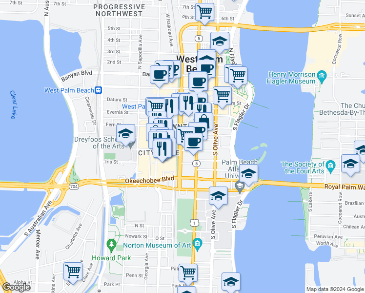 map of restaurants, bars, coffee shops, grocery stores, and more near 550 South Quadrille Boulevard in West Palm Beach