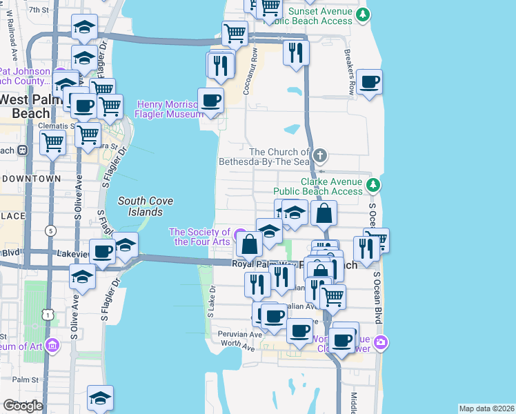 map of restaurants, bars, coffee shops, grocery stores, and more near 357 Seabreeze Avenue in Palm Beach