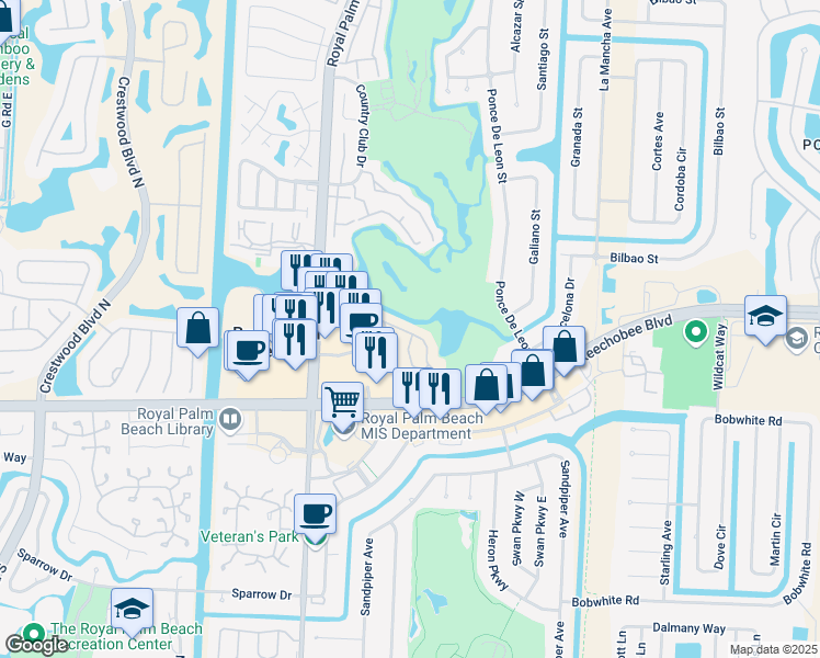map of restaurants, bars, coffee shops, grocery stores, and more near 1309 Lakeview Drive East in Royal Palm Beach