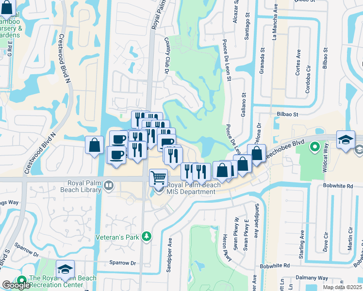 map of restaurants, bars, coffee shops, grocery stores, and more near 1108 Lakeview Drive East in Royal Palm Beach
