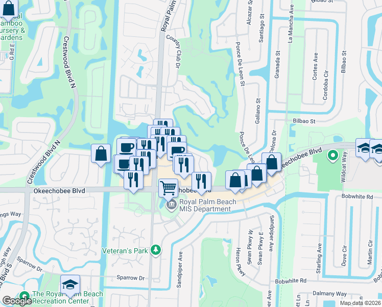 map of restaurants, bars, coffee shops, grocery stores, and more near 1110 Lakeview Drive East in Royal Palm Beach