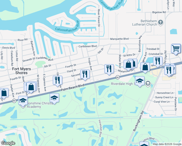 map of restaurants, bars, coffee shops, grocery stores, and more near 13473 Second Street in Fort Myers