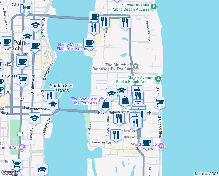 map of restaurants, bars, coffee shops, grocery stores, and more near 417 Seabreeze Avenue in Palm Beach