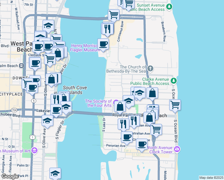 map of restaurants, bars, coffee shops, grocery stores, and more near 11 South Lake Trail in Palm Beach