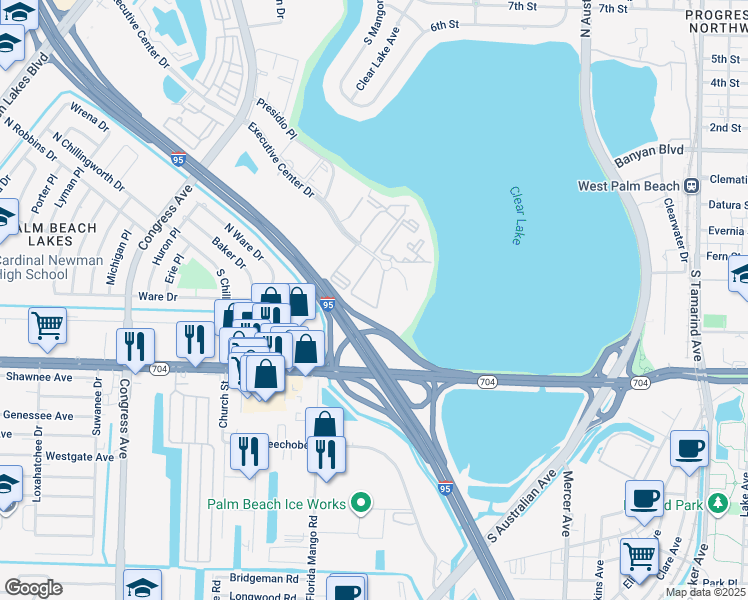 map of restaurants, bars, coffee shops, grocery stores, and more near 641 Executive Center Drive in West Palm Beach