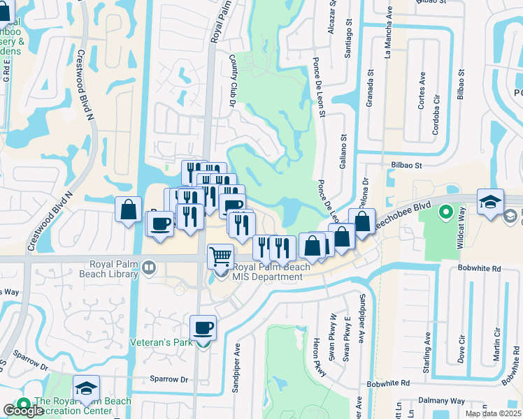 map of restaurants, bars, coffee shops, grocery stores, and more near 1400 Lakeview Drive East in Royal Palm Beach