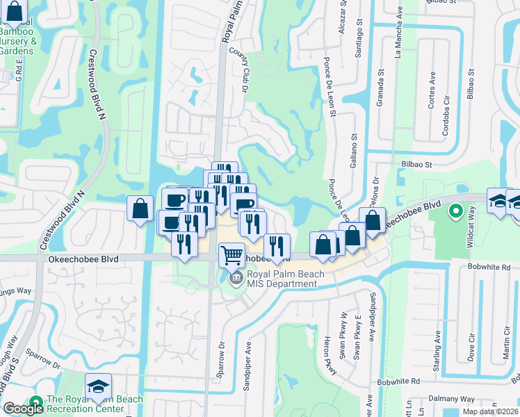 map of restaurants, bars, coffee shops, grocery stores, and more near 1400 Lakeview Drive East in Royal Palm Beach