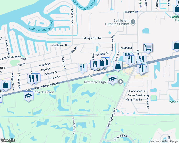 map of restaurants, bars, coffee shops, grocery stores, and more near 13947/49 First Street in Fort Myers