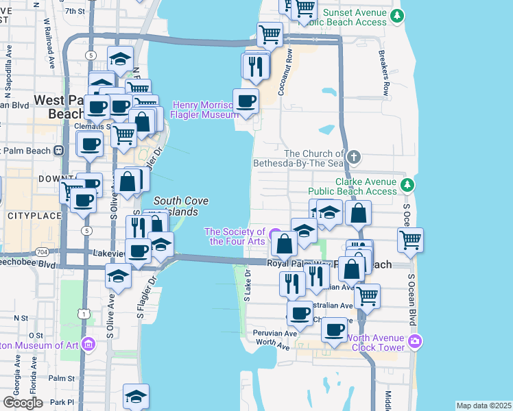 map of restaurants, bars, coffee shops, grocery stores, and more near 11 South Lake Trail in Palm Beach