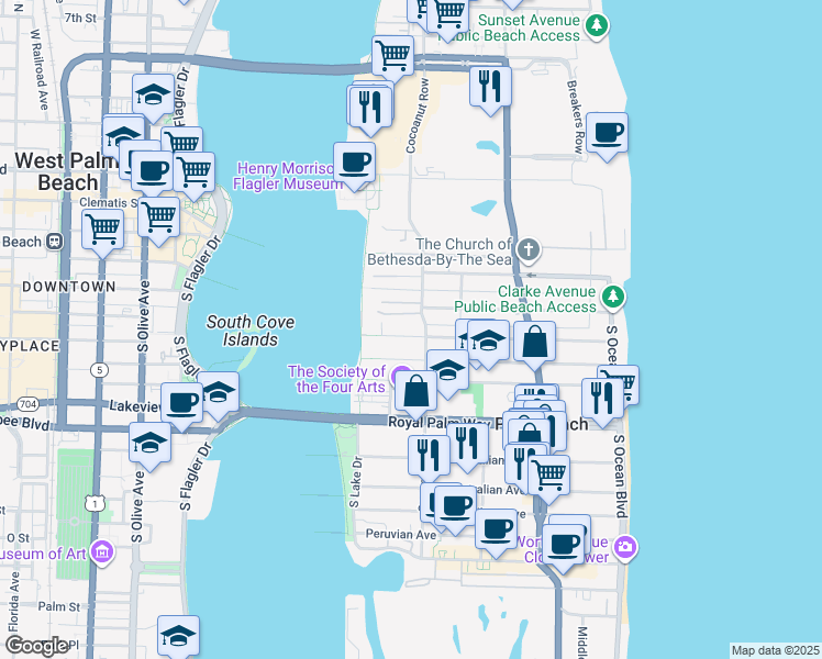 map of restaurants, bars, coffee shops, grocery stores, and more near 417 Seabreeze Avenue in Palm Beach