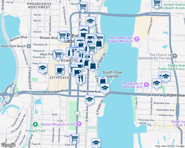map of restaurants, bars, coffee shops, grocery stores, and more near 509 Federal Highway in West Palm Beach