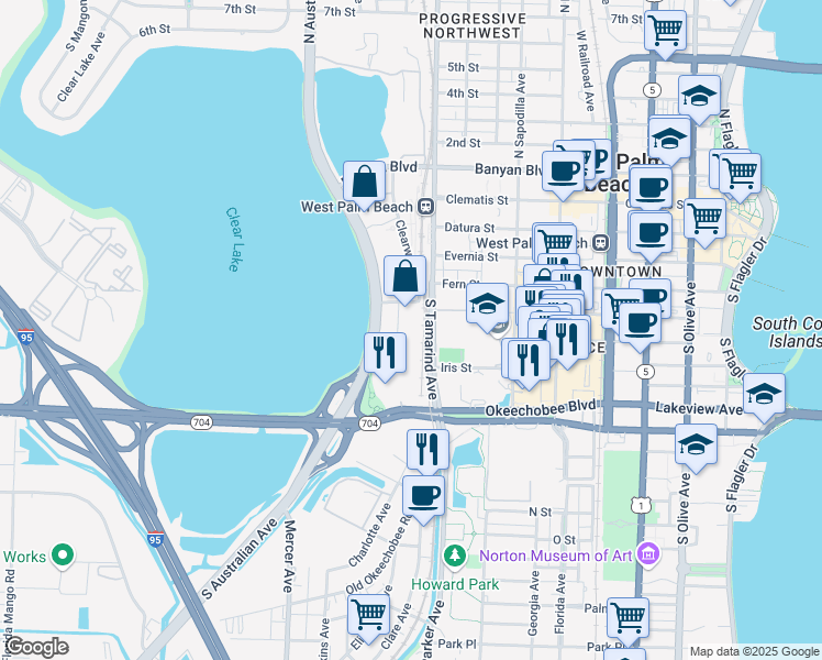 map of restaurants, bars, coffee shops, grocery stores, and more near 500 Clearwater Park Road in West Palm Beach