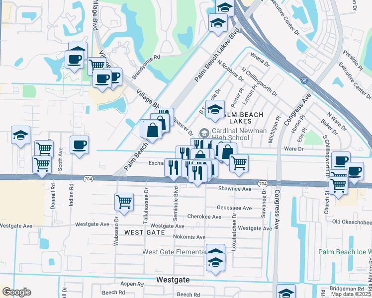 map of restaurants, bars, coffee shops, grocery stores, and more near 2700 Vandiver Drive in West Palm Beach