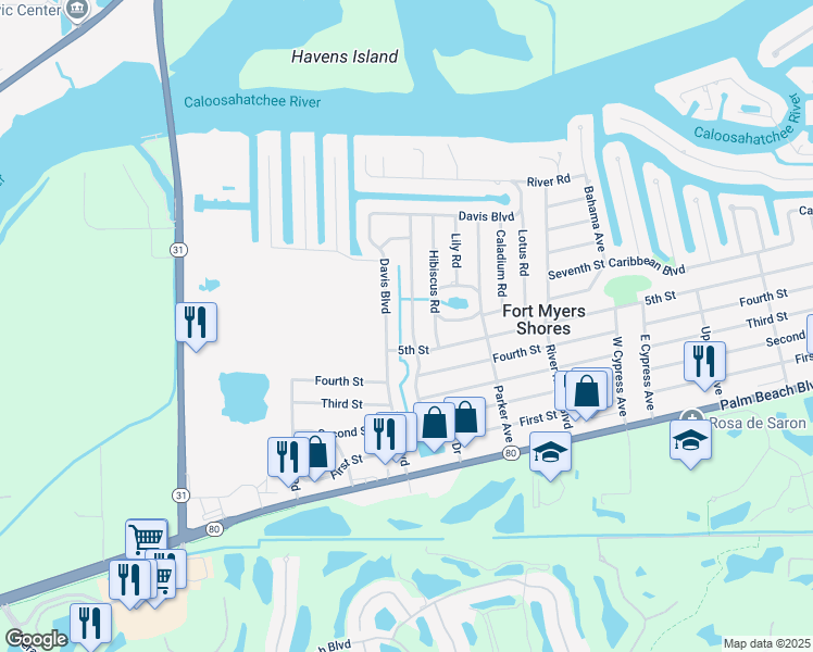 map of restaurants, bars, coffee shops, grocery stores, and more near 2405 Parkview Drive in Fort Myers