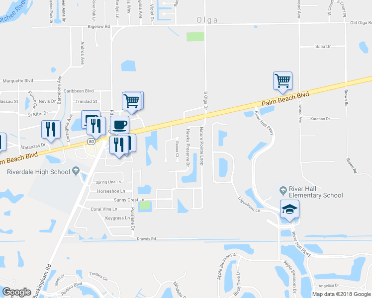 map of restaurants, bars, coffee shops, grocery stores, and more near 2471 Hawks Preserve Drive in Fort Myers