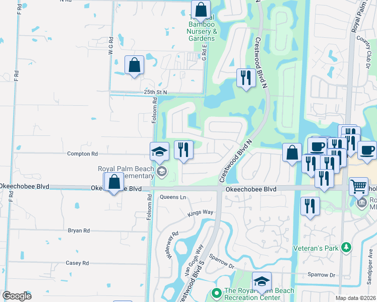 map of restaurants, bars, coffee shops, grocery stores, and more near 1430 Briar Oak Drive in Royal Palm Beach