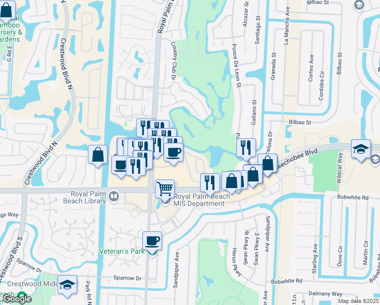 map of restaurants, bars, coffee shops, grocery stores, and more near 1400 Lakeview Drive East in Royal Palm Beach