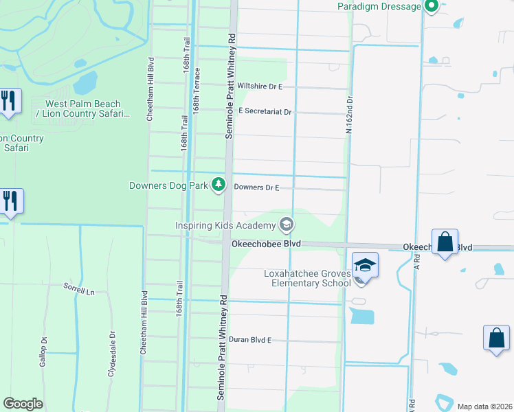 map of restaurants, bars, coffee shops, grocery stores, and more near 16355 Glasgow Drive East in Loxahatchee