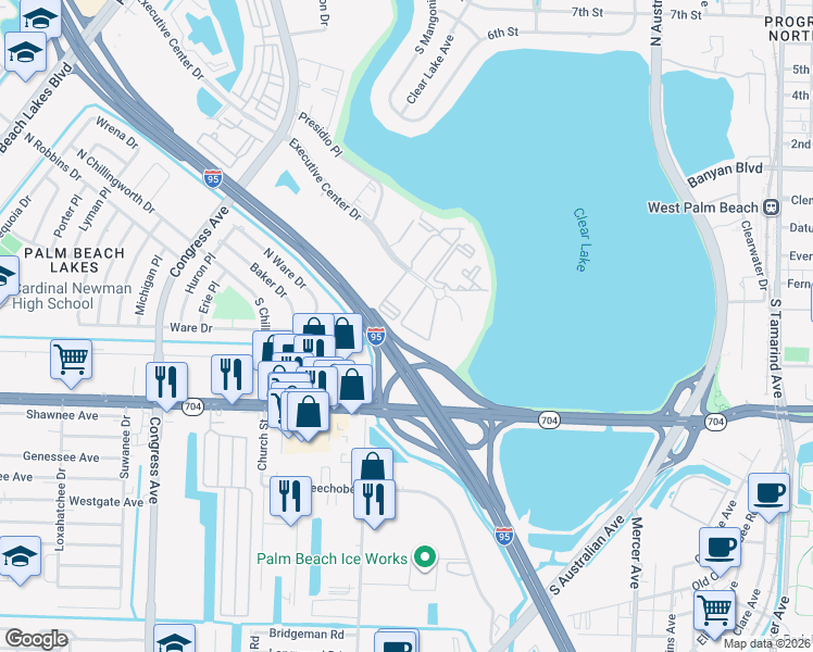 map of restaurants, bars, coffee shops, grocery stores, and more near 641 Executive Center Drive in West Palm Beach