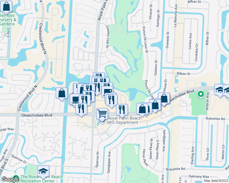 map of restaurants, bars, coffee shops, grocery stores, and more near 1400 Lakeview Drive East in Royal Palm Beach