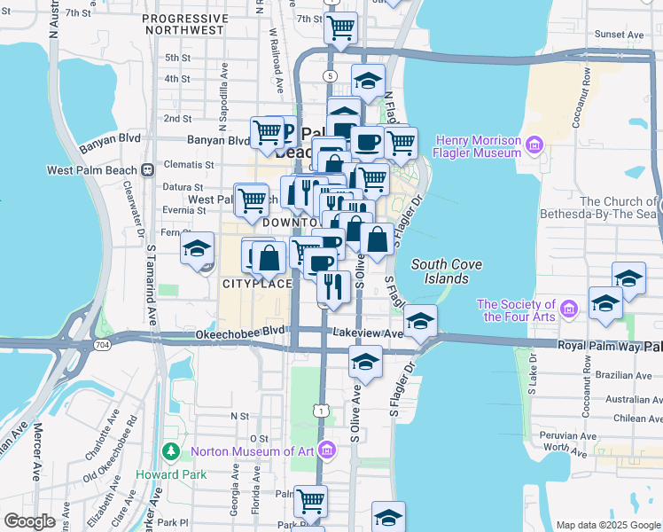 map of restaurants, bars, coffee shops, grocery stores, and more near 510 South Dixie Highway in West Palm Beach