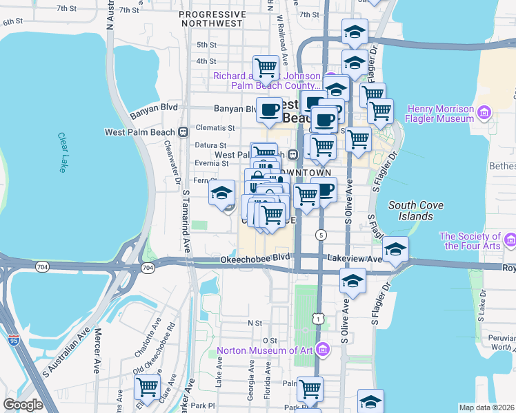 map of restaurants, bars, coffee shops, grocery stores, and more near 635 Hibiscus Street in West Palm Beach