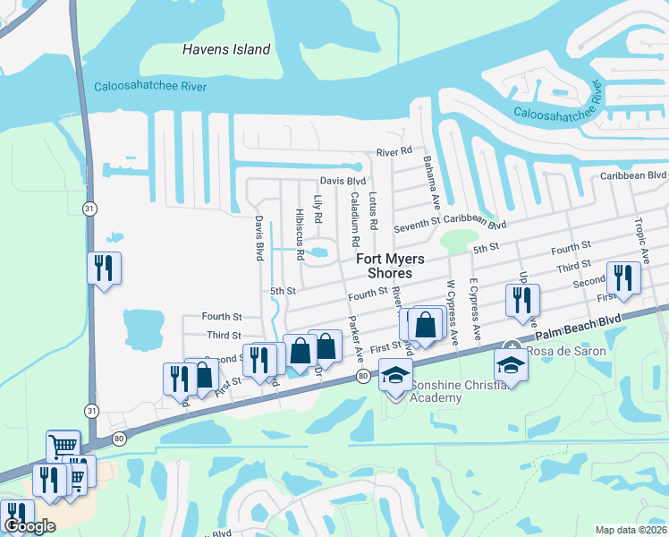 map of restaurants, bars, coffee shops, grocery stores, and more near 2335 Parker Avenue in Fort Myers