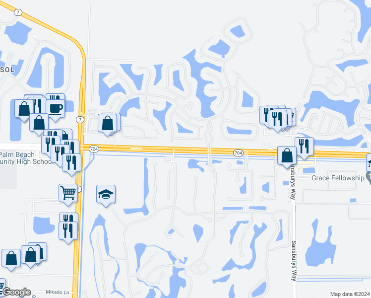 map of restaurants, bars, coffee shops, grocery stores, and more near Okeechobee Boulevard in Palm Beach County