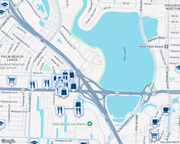 map of restaurants, bars, coffee shops, grocery stores, and more near 641 Executive Center Drive in West Palm Beach