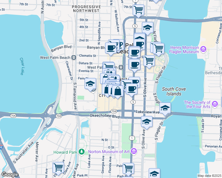 map of restaurants, bars, coffee shops, grocery stores, and more near 170 South Rosemary Avenue in West Palm Beach
