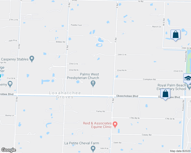 map of restaurants, bars, coffee shops, grocery stores, and more near 2195 F Road in Loxahatchee