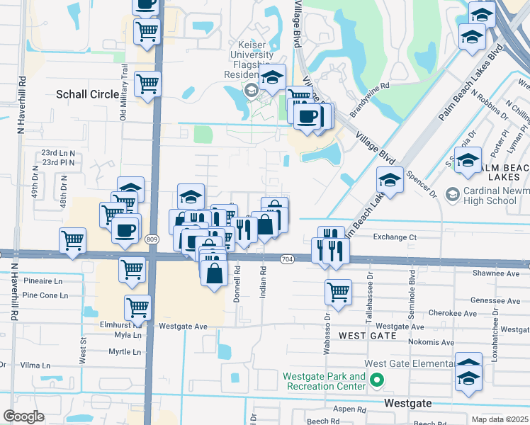 map of restaurants, bars, coffee shops, grocery stores, and more near 2051 Indian Road in West Palm Beach