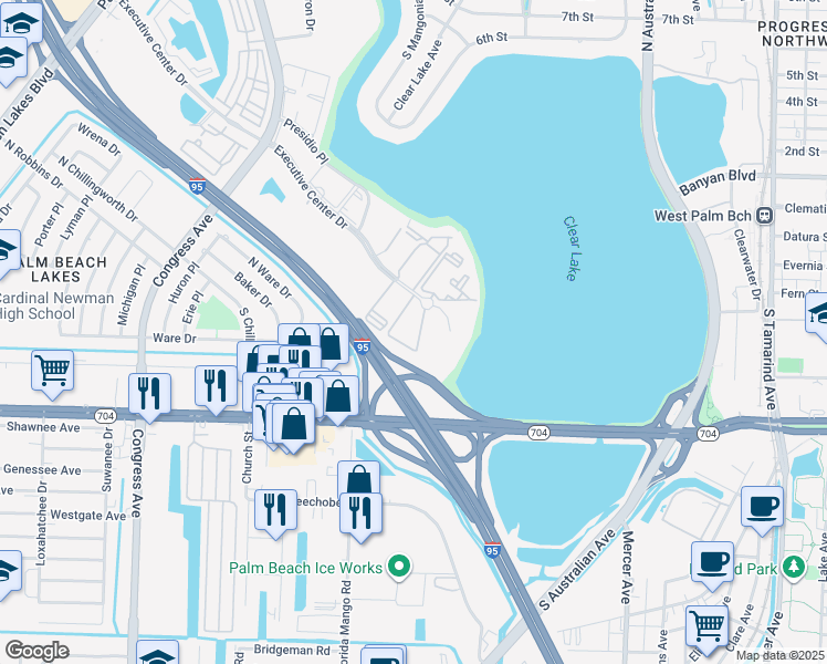 map of restaurants, bars, coffee shops, grocery stores, and more near 641 Executive Center Drive in West Palm Beach
