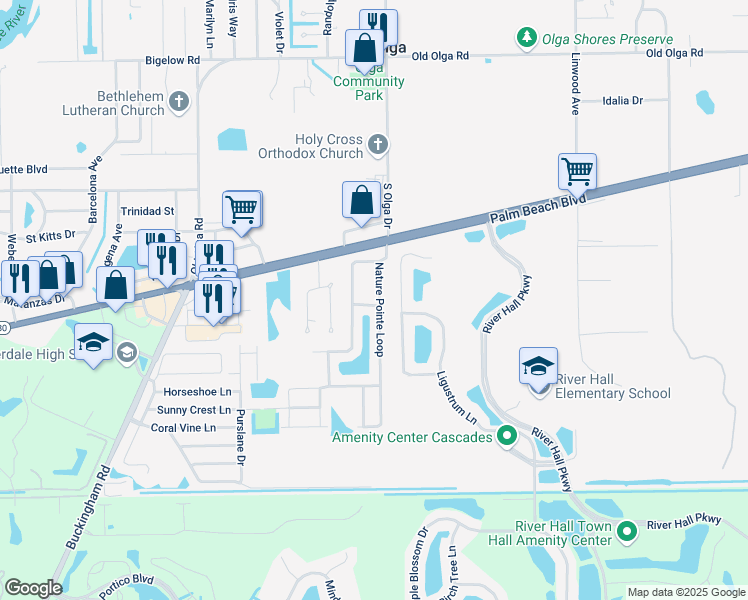 map of restaurants, bars, coffee shops, grocery stores, and more near 2433 Nature Pointe Loop in Fort Myers