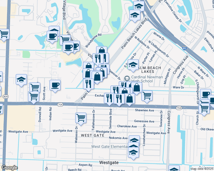 map of restaurants, bars, coffee shops, grocery stores, and more near 537 South Sequoia Drive in West Palm Beach