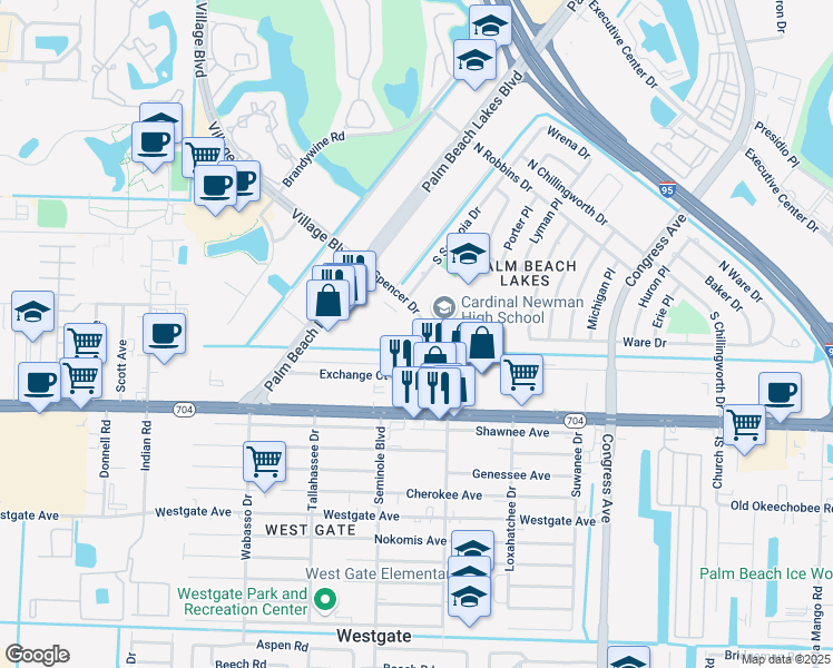 map of restaurants, bars, coffee shops, grocery stores, and more near 2700 Vandiver Drive in West Palm Beach