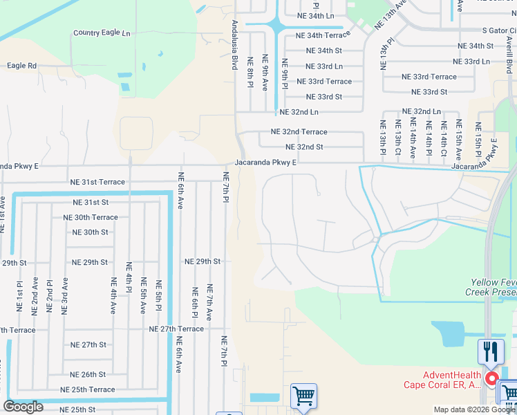 map of restaurants, bars, coffee shops, grocery stores, and more near 2680 Blue Cypress Lake Court in Cape Coral