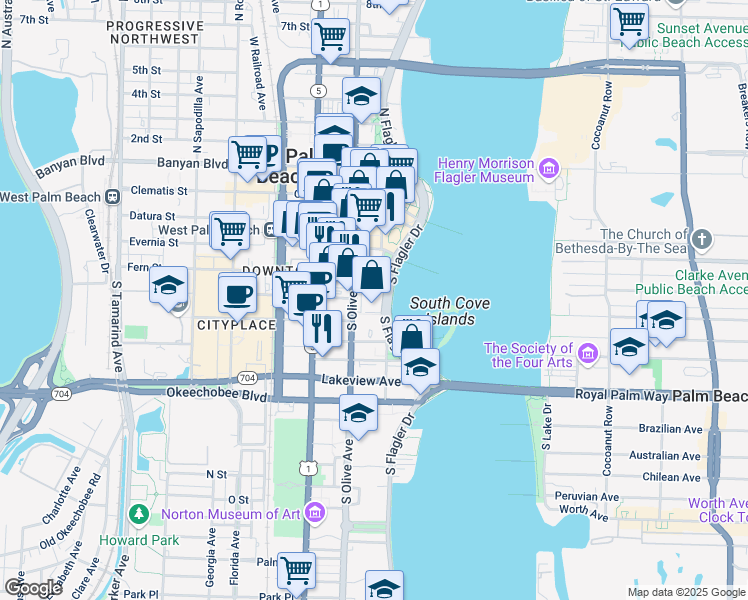 map of restaurants, bars, coffee shops, grocery stores, and more near 501 South Flagler Drive in West Palm Beach