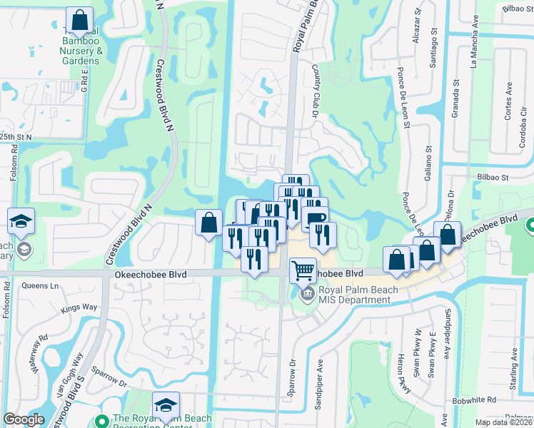 map of restaurants, bars, coffee shops, grocery stores, and more near 202 Lakeside Landing Drive in Royal Palm Beach