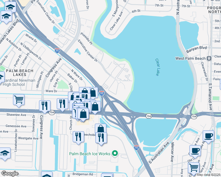 map of restaurants, bars, coffee shops, grocery stores, and more near 637 Executive Center Drive in West Palm Beach