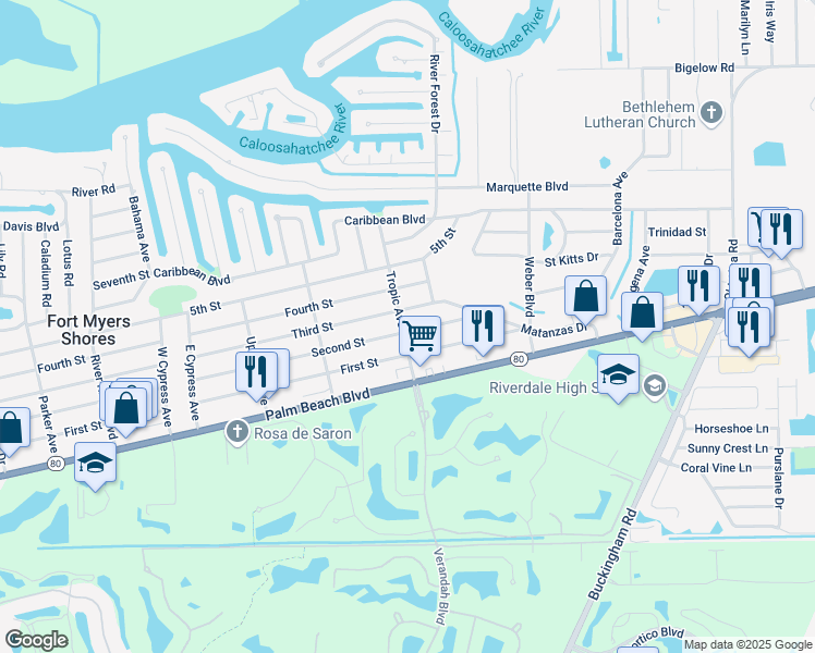 map of restaurants, bars, coffee shops, grocery stores, and more near 13473 Second Street in Fort Myers